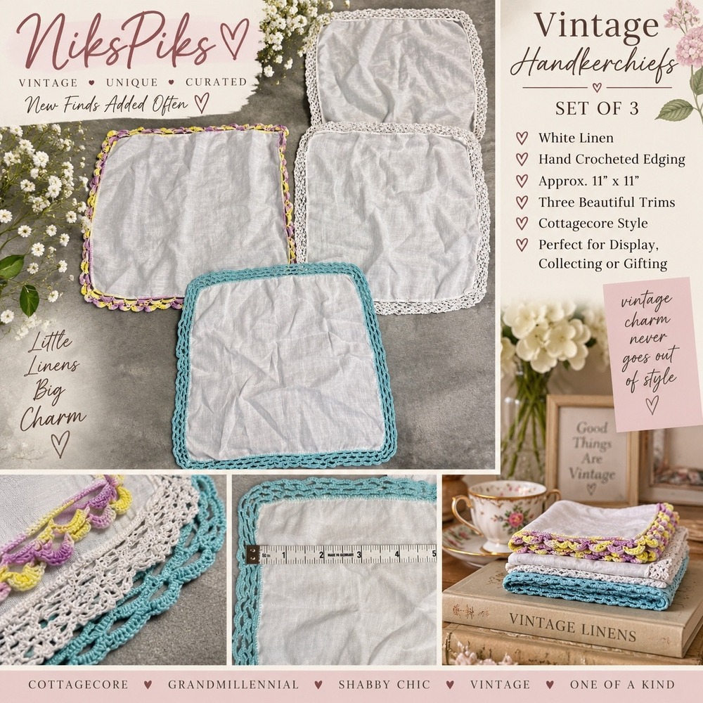 Vintage White Linen Hankies Lot of 3 Hand Crochet Lace Trim Cottagecore